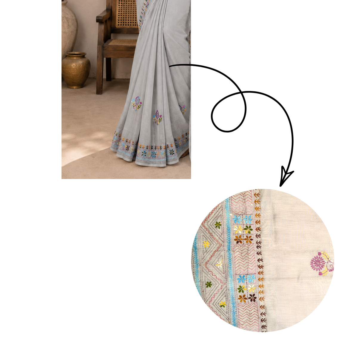 Iwishh Hand-Embroidered Chanderi Light Grey Saree