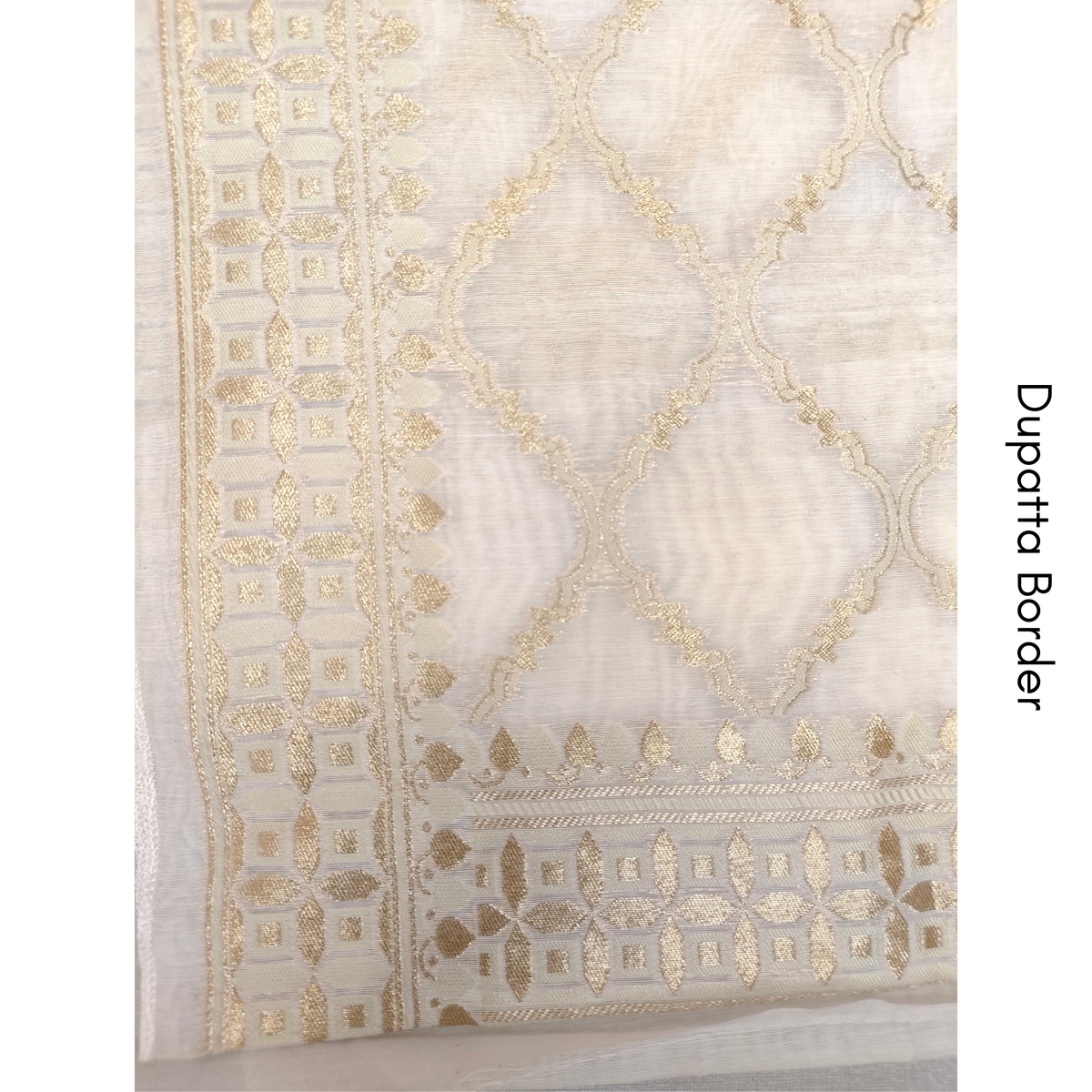 Premium White Dhaka Cotton Unstitched Suit Material with Gold Buti & Woven Zari Dupatta