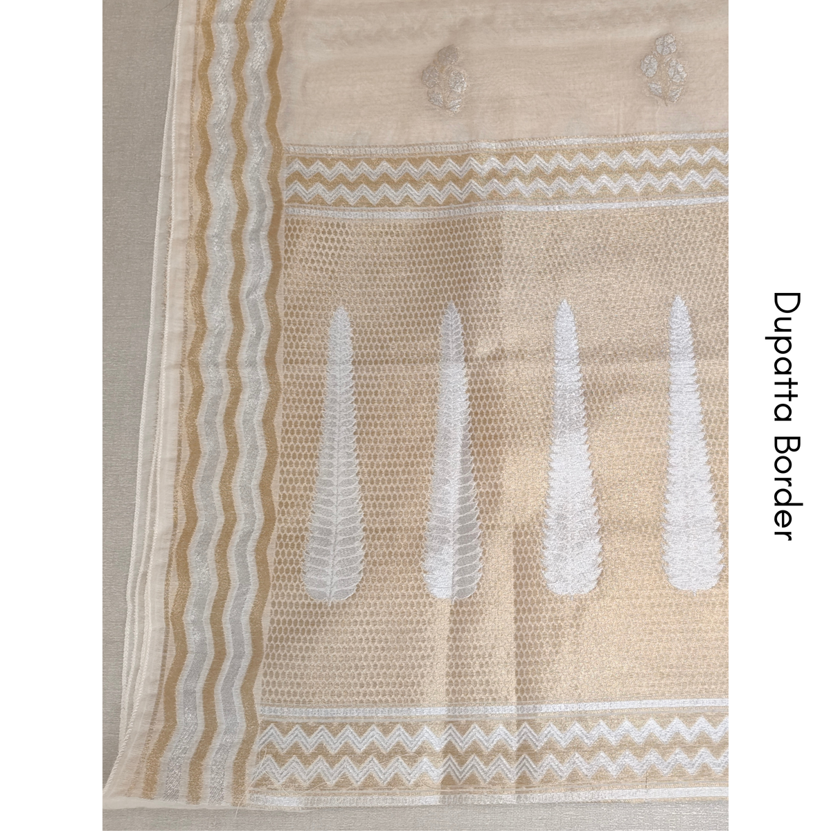 Premium White Dhaka Cotton Unstitched Suit Material with Silver & Gold Buti and Designer Woven Dupatta