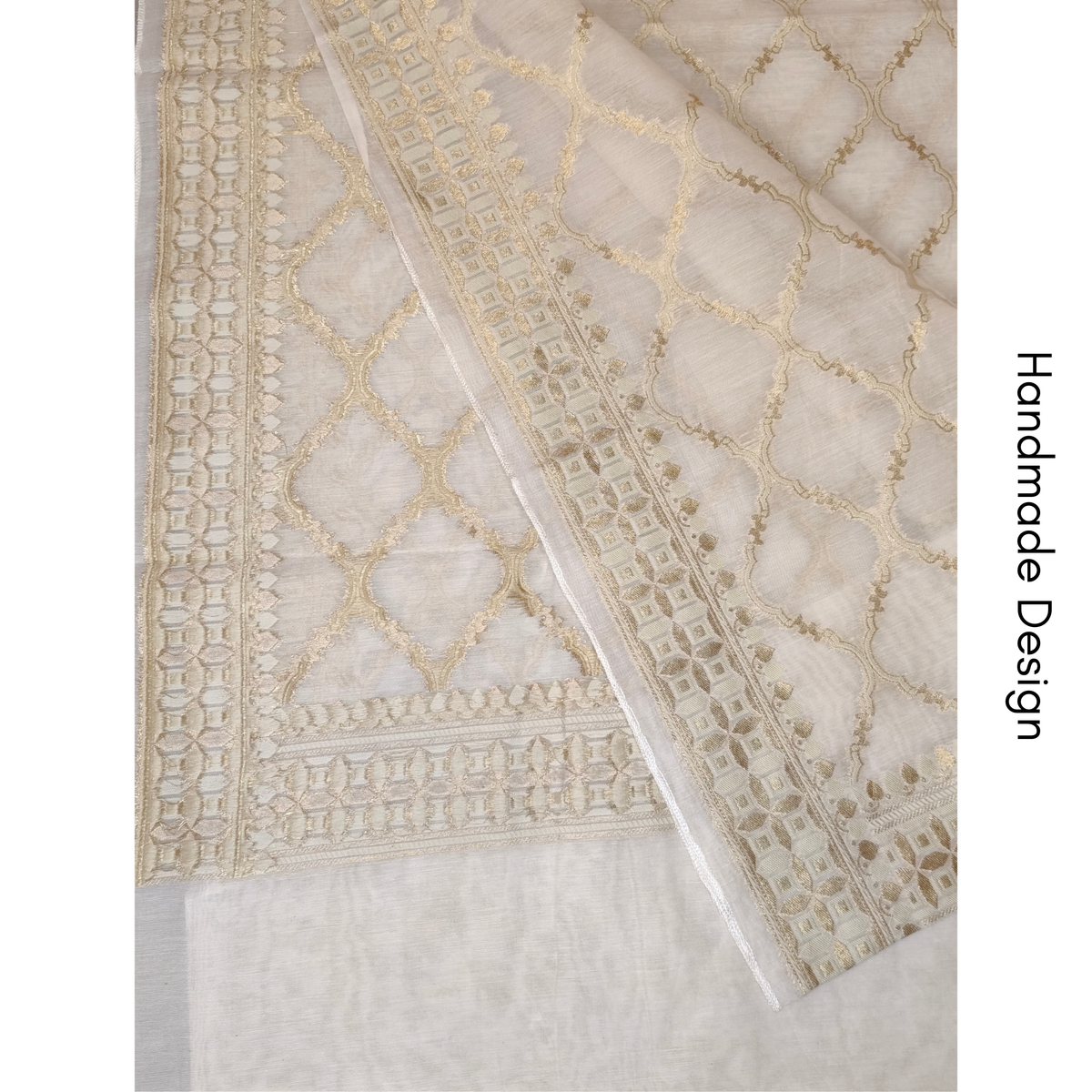 Premium White Dhaka Cotton Unstitched Suit Material with Gold Buti & Woven Zari Dupatta