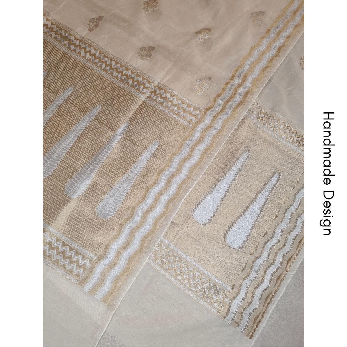 Premium White Dhaka Cotton Unstitched Suit Material with Silver & Gold Buti and Designer Woven Dupatta