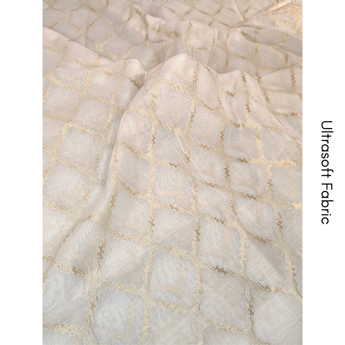 Premium White Dhaka Cotton Unstitched Suit Material with Gold Buti & Woven Zari Dupatta